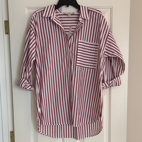 LOFT Tops - NWT LOFT Burgundy and White Striped button down Shirt Large